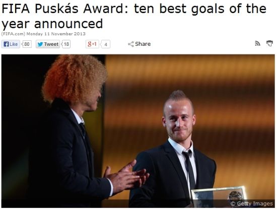 图为普斯卡什奖宣布10大候选进球 图为普斯卡什奖宣布10大候选进球