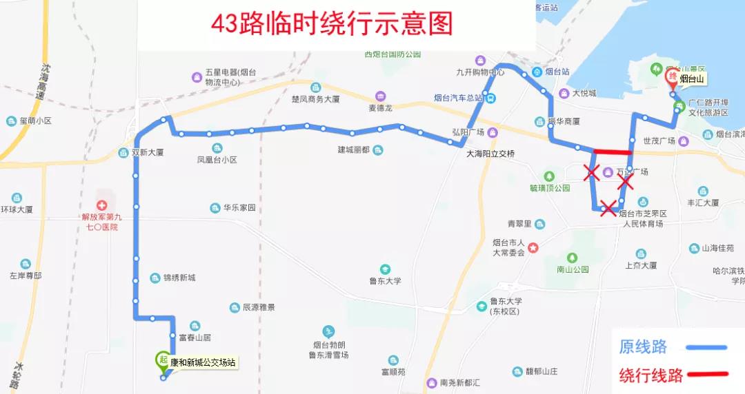 由烟台山场站发车,沿原线路运行至胜利路与南大街交叉口右转,沿